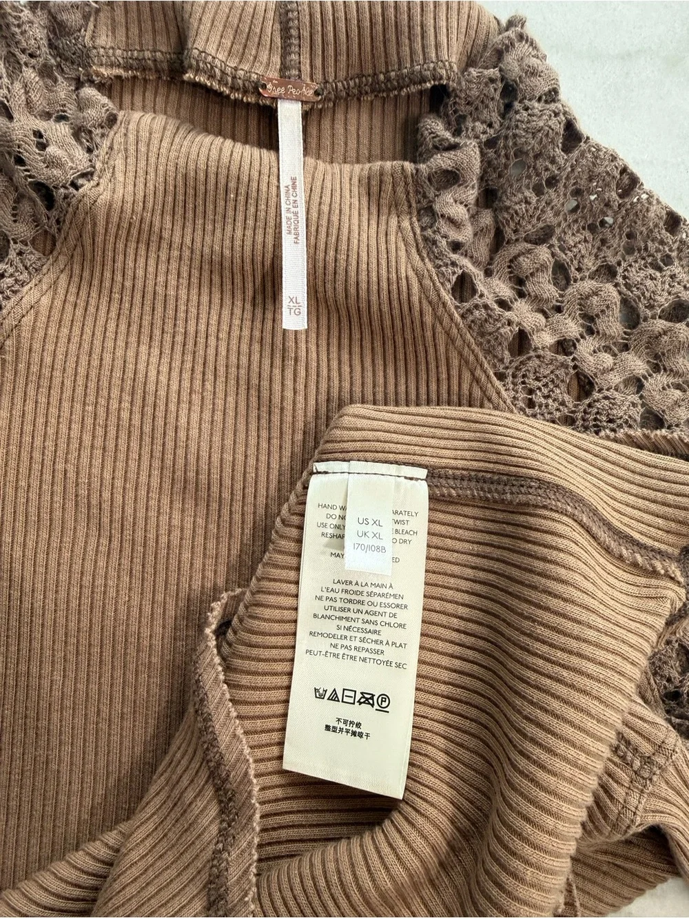 Free People Clemente Mock Neck Lace Sleeve Thermal Top Tan Beige Women Size XL
